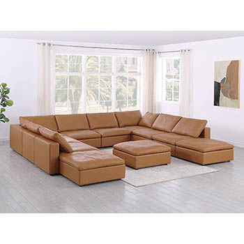 DivanItalia - Global United Furniture 1100 Sectional with Chaise, Top Grain Genuine Italian Leather 11 Piece with Ottoman in Cognac color.