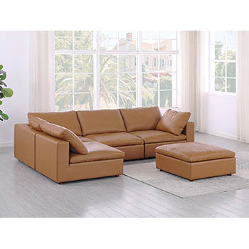 DivanItalia - Global United Furniture 1100 Sectional, Top Grain Genuine Italian Leather 5 Piece Left Arm Facing with Ottoman in Cognac color.