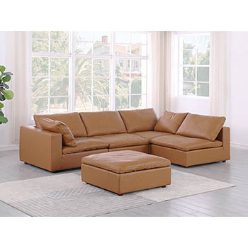 DivanItalia - Global United Furniture 1100 Sectional, Top Grain Genuine Italian Leather 5 Piece Right Arm Facing with Ottoman in Cognac color.