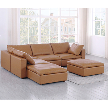 DivanItalia - Global United Furniture 1100 Sectional with Chaise, Top Grain Genuine Italian Leather 6 Piece Left Arm Facing with Ottoman in Cognac color.