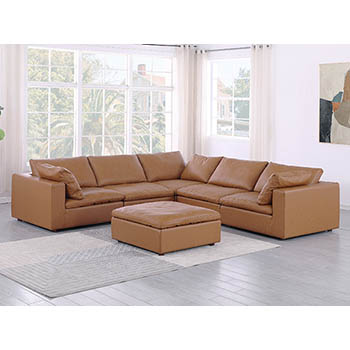 DivanItalia - Global United Furniture 1100 Sectional, Top Grain Genuine Italian Leather 6 Piece with Ottoman in Cognac color.