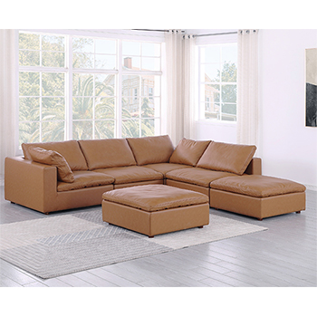 DivanItalia - Global United Furniture 1100 Sectional with Chaise, Top Grain Genuine Italian Leather 6 Piece Right Arm Facing with Ottoman in Cognac color.