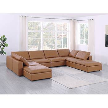 DivanItalia - Global United Furniture 1100 Sectional with Chaise, Top Grain Genuine Italian Leather 8 Piece in Cognac color.