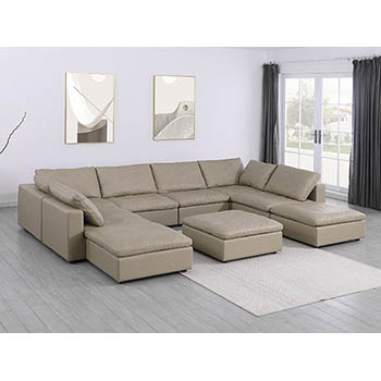 DivanItalia - Global United Furniture 1100 Sectional with Chaise, Top Grain Genuine Italian Leather 9 Piece with Ottoman in Beige color. 