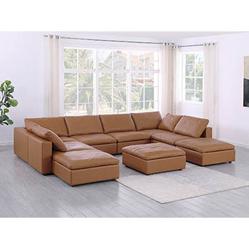 DivanItalia - Global United Furniture 1100 Sectional with Chaise, Top Grain Genuine Italian Leather 9 Piece with Ottoman in Cognac color.