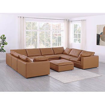 DivanItalia - Global United Furniture 1100 Sectional, Top Grain Genuine Italian Leather 9 Piece with Ottoman in Cognac color.