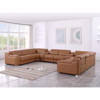 DivanItalia - Global United Furniture 1116, Italian Leather Sectional, 10 pieces with 4-Power Recliners & Console Set and Power Headrests in Cognac color.