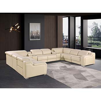 DivanItalia - Global United Furniture 1116, Italian Leather Sectional, 10 pieces with 4-Power Recliners & Console Set and Power Headrests in Beige color.