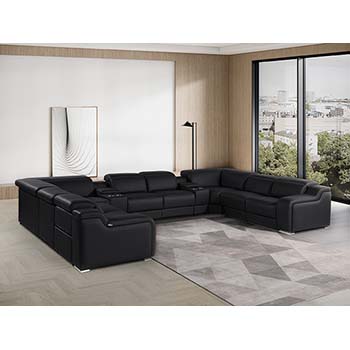 DivanItalia - Global United Furniture 1116, Italian Leather Sectional, 10 pieces with 4-Power Recliners & Console Set and Power Headrests in Black color.