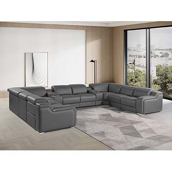 DivanItalia - Global United Furniture 1116, Italian Leather Sectional, 10 pieces with 4-Power Recliners & Console Set and Power Headrests in Dark Gray color.