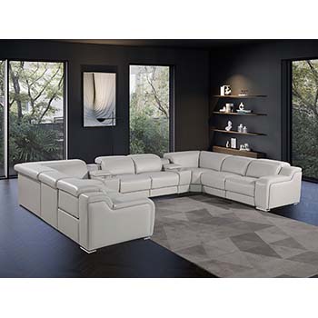 DivanItalia - Global United Furniture 1116, Italian Leather Sectional, 10 pieces with 4-Power Recliners & Console Set and Power Headrests in Light Gray color.