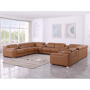 DivanItalia - Global United Furniture 1116, Italian Leather Sectional, 12 pieces with 4-Power Recliners & Console Set and Power Headrests in Cognac color.