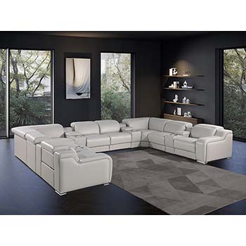 DivanItalia - Global United Furniture 1116, Italian Leather Sectional, 12 pieces with 4-Power Recliners & Console Set and Power Headrests in Light Gray color.