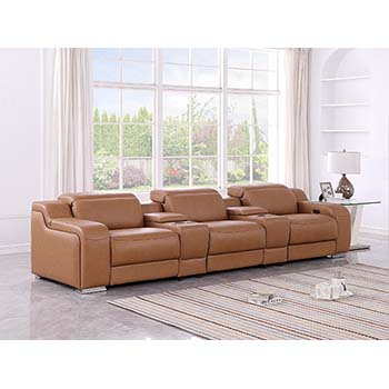 DivanItalia - Global United Furniture 1116, 5 piece Power Reclining Italian Leather Sofa with Console Set and Power Headrests in Cognac color.