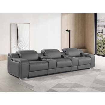 DivanItalia - Global United Furniture 1116, 5 piece Power Reclining Italian Leather Sofa with Console Set and Power Headrests in Dark Gray color.