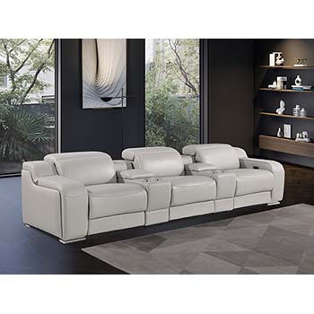 DivanItalia - Global United Furniture 1116, 5 piece Power Reclining Italian Leather Sofa with Console Set and Power Headrests in Light Gray color.