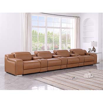 DivanItalia - Global United Furniture 1116, 7 piece Power Reclining Italian Leather Sofa with Console Set and Power Headrests in Cognac color.