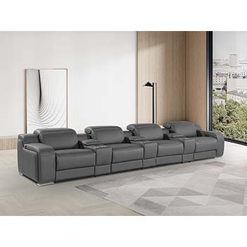 DivanItalia - Global United Furniture 1116, 7 piece Power Reclining Italian Leather Sofa with Console Set and Power Headrests in Dark Gray color.