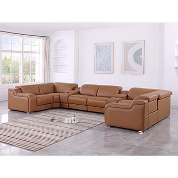 DivanItalia - Global United Furniture 1116, Italian Leather Sectional, 8 pieces with 2-Power Recliners & Console Set and Power Headrests in Cognac color.