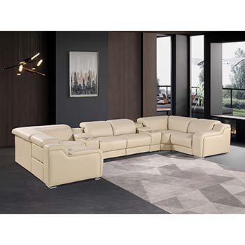 DivanItalia - Global United Furniture 1116, Italian Leather Sectional, 8 pieces with 2-Power Recliners & Console Set and Power Headrests in Beige color.