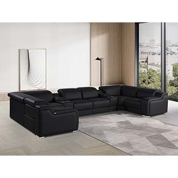 DivanItalia - Global United Furniture 1116, Italian Leather Sectional, 8 pieces with 2-Power Recliners & Console Set and Power Headrests in Black color.