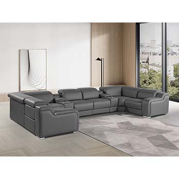 DivanItalia - Global United Furniture 1116, Italian Leather Sectional, 8 pieces with 2-Power Recliners & Console Set and Power Headrests in Dark Gray color.