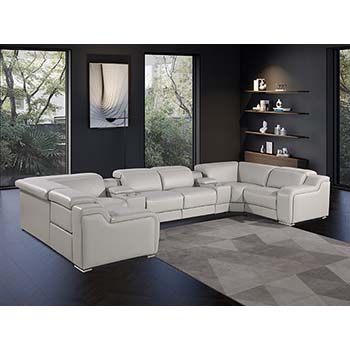 DivanItalia - Global United Furniture 1116, Italian Leather Sectional, 8 pieces with 2-Power Recliners & Console Set and Power Headrests in Light Gray color.