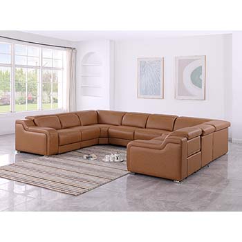 DivanItalia - Global United Furniture 1116, Italian Leather Sectional, 8 pieces with 4-Power Recliners & Power Headrests in Cognac color.