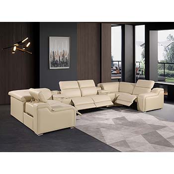 DivanItalia - Global United Furniture 1116, Italian Leather Sectional, 8 pieces with 4-Power Recliners & Console Set and Power Headrests in Beige color.