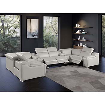 DivanItalia - Global United Furniture 1116, Italian Leather Sectional, 8 pieces with 4-Power Recliners & Console Set and Power Headrests in Light Gray color.