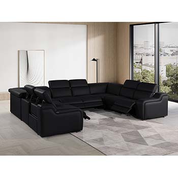 DivanItalia - Global United Furniture 1116, Italian Leather Sectional, 8 pieces with 4-Power Recliners & Power Headrests in Black color.