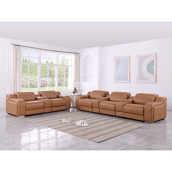 DivanItalia - Global United Furniture 1116, 8 piece Power Reclining Italian Leather Sofa & Loveseat with Console Set and Power Headrests in Cognac color.