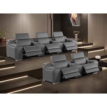 DivanItalia - Global United Furniture 1116, 8 piece Power Reclining Italian Leather Sofa & Loveseat with Console Set and Power Headrests in Dark Gray color.