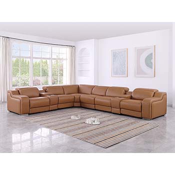 Global United Furniture 1116 sectional, 8 pieces with 3-Power Recliners and 2-Consoles in Cognac color