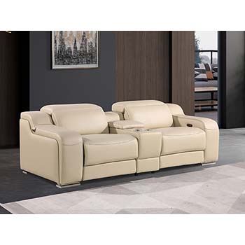 DivanItalia - Global United Furniture 1116, 3 piece Power Reclining Italian Leather Loveseat with Console and Power Headrests in Beige color.