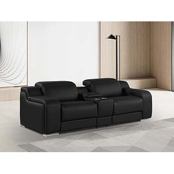 DivanItalia - Global United Furniture 1116, 3 piece Power Reclining Italian Leather Loveseat with Console and Power Headrests in Black color.