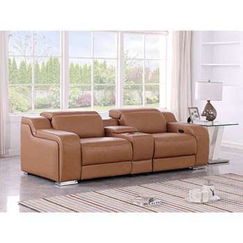 DivanItalia - Global United Furniture 1116, 3 piece Power Reclining Italian Leather Loveseat with Console and Power Headrests in Cognac color.