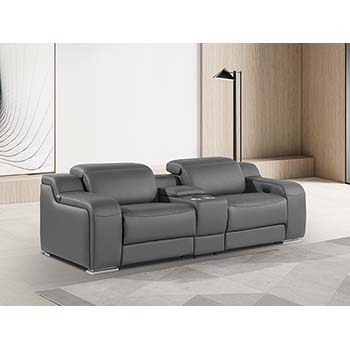 DivanItalia - Global United Furniture 1116, 3 piece Power Reclining Italian Leather Loveseat with Console and Power Headrests in Dark Gray color.