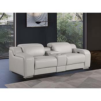 DivanItalia - Global United Furniture 1116, 3 piece Power Reclining Italian Leather Loveseat with Console and Power Headrests in Light Gray color.