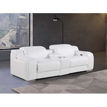 DivanItalia - Global United Furniture 1116, 3 piece Power Reclining Italian Leather Loveseat with Console and Power Headrests in White color.