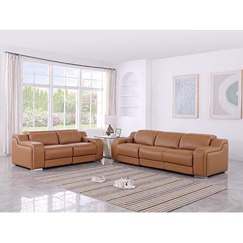 DivanItalia - Global United Furniture 1116, 5 piece Power Reclining Italian Leather Sofa & Loveseat with Power Headrests in Cognac color.