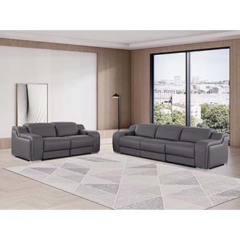 DivanItalia - Global United Furniture 1116, 5 piece Power Reclining Italian Leather Sofa & Loveseat with Power Headrests in Dark Gray color.