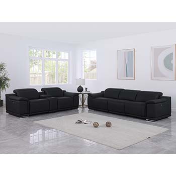 DivanItalia - Global United Furniture 1116, 6 piece Power Reclining Italian Leather Sofa & Loveseat with Console and Power Headrests in Black color.