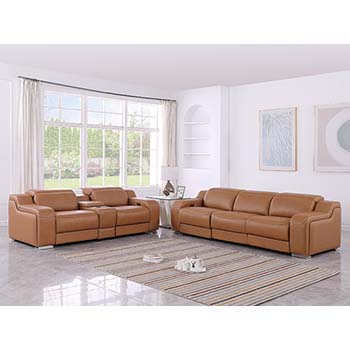 DivanItalia - Global United Furniture 1116, 6 piece Power Reclining Italian Leather Sofa & Loveseat with Console and Power Headrests in Cognac color.