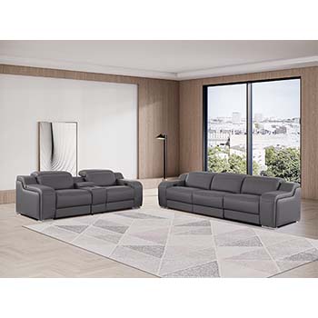 DivanItalia - Global United Furniture 1116, 6 piece Power Reclining Italian Leather Sofa & Loveseat with Console and Power Headrests in Dark Gray color.