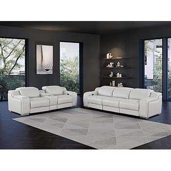 DivanItalia - Global United Furniture 1116, 6 piece Power Reclining Italian Leather Sofa & Loveseat with Console and Power Headrests in Light Gray color.