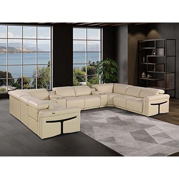 DivanItalia - Global United Furniture 1126, Italian Leather Sectional, 10 pieces with 4-Power Recliners & Console Set and Power Headrests in Beige color.