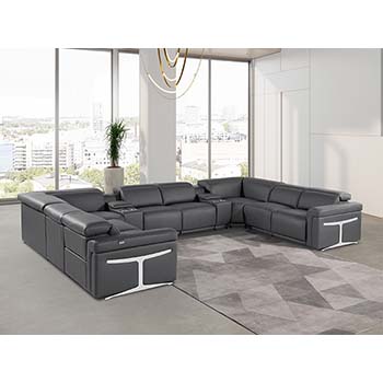 DivanItalia - Global United Furniture 1126, Italian Leather Sectional, 10 pieces with 4-Power Recliners & Console Set and Power Headrests in Dark Gray color.