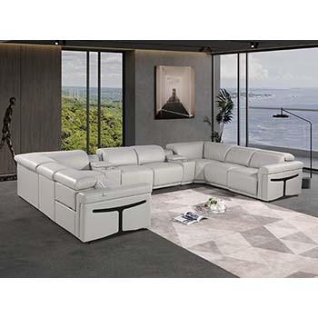 DivanItalia - Global United Furniture 1126, Italian Leather Sectional, 10 pieces with 4-Power Recliners & Console Set and Power Headrests in Light Gray color.