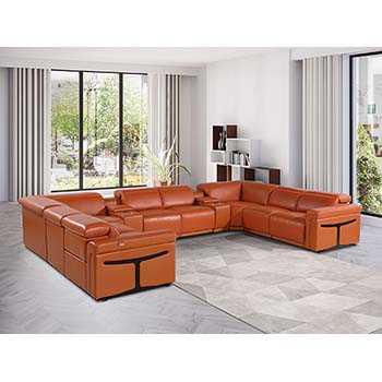 DivanItalia - Global United Furniture 1126, Italian Leather Sectional, 10 pieces with 4-Power Recliners & Console Set and Power Headrests in Orange color.